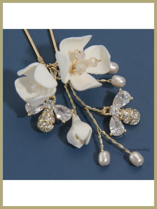 Handmade Bridal Wedding Hair Pins 5Pcs White Flower Zircon Pearl Hair Clips main image 5